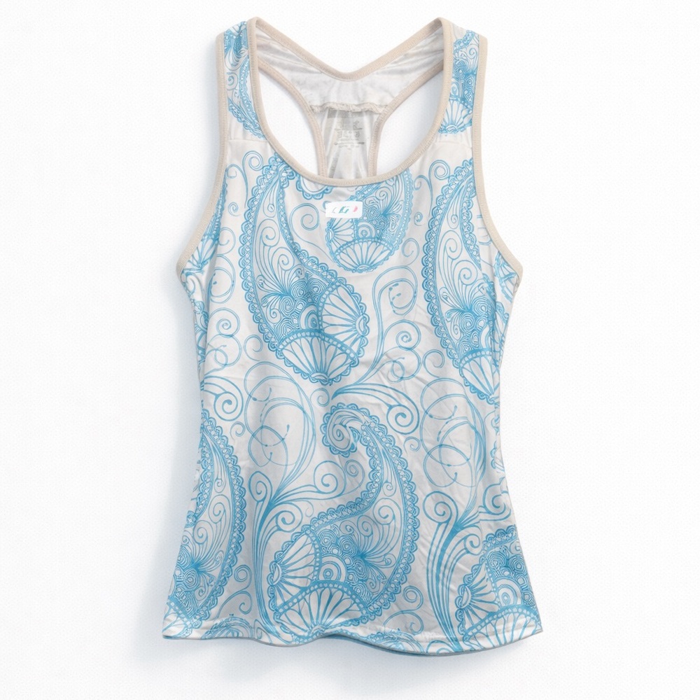 Louis Garneau Women’s Blue & White Paisley Racerback Cycling Tank Top Size L